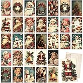 Tlenpo 32 Vintage Christmas Postcards, Santa Claus Snowman Reindeer Pattern, Blank Christmas Greeting Cards Decorations, Retro Post Cards for Holiday Party Favors, 350gsm, 4 x 6 Inch