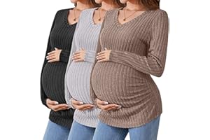 Ficerd 3 Pack Women's Maternity Shirts Ribbed Long Sleeve Pregnancy Tops V Neck Knit Side Ruched Pregnant Clothes Sweater