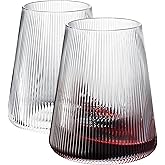 Stemless German Design Ribbed Wine Glasses | Set of 2 | Premium 13.5oz, Crystal Premium Modern Glass | Glass Cup For Red & White Wine, Durable Drinking Glasses, Gift Idea for Men or Women, Gift Box