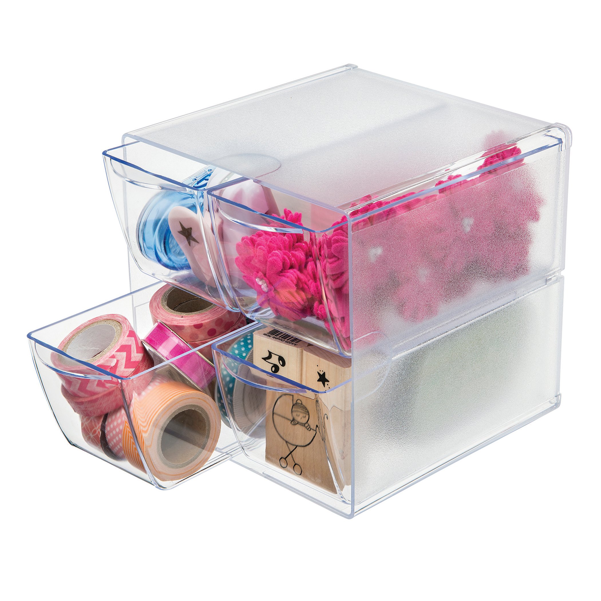 Deflecto Stackable Cube Organizer, Desk and Craft Organizer, 4 Drawers, Clear, Removable Drawers and Dividers, 6"W x 6"H x 7 1/8"D (350301)