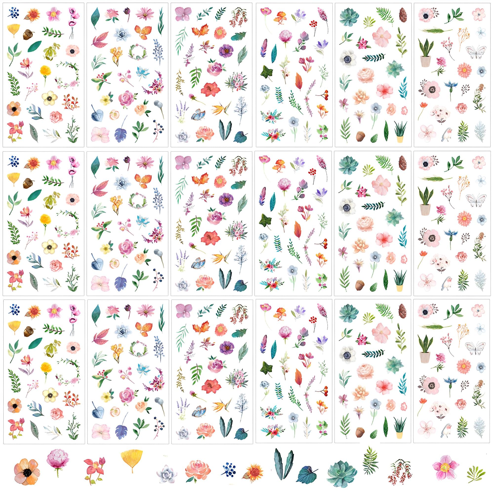 ALUYF Flower Stickers, 18pcs Botanical Themed Waterproof Paper & PET Sheets, Smooth Surface Recommended for Crafting & Decorating