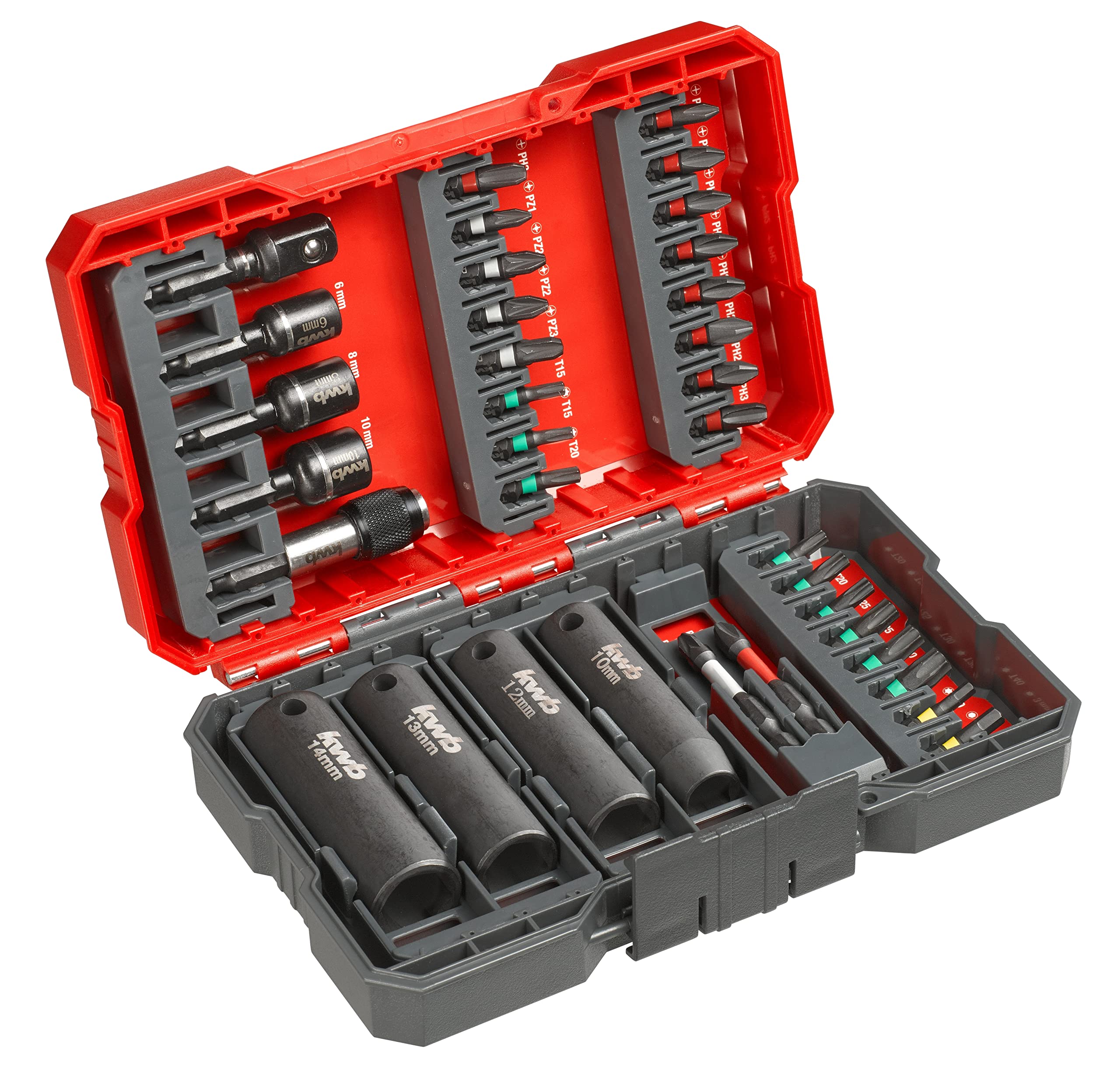 KWB BIT-BOX FOR IMPACT-/IMPACT WRENCH, 35-PIECE BIT SET WITH BIT HOLDER AND SHOCK-RESISTANT SOCKET ADAPTERS, E C 44626 SHAFTS