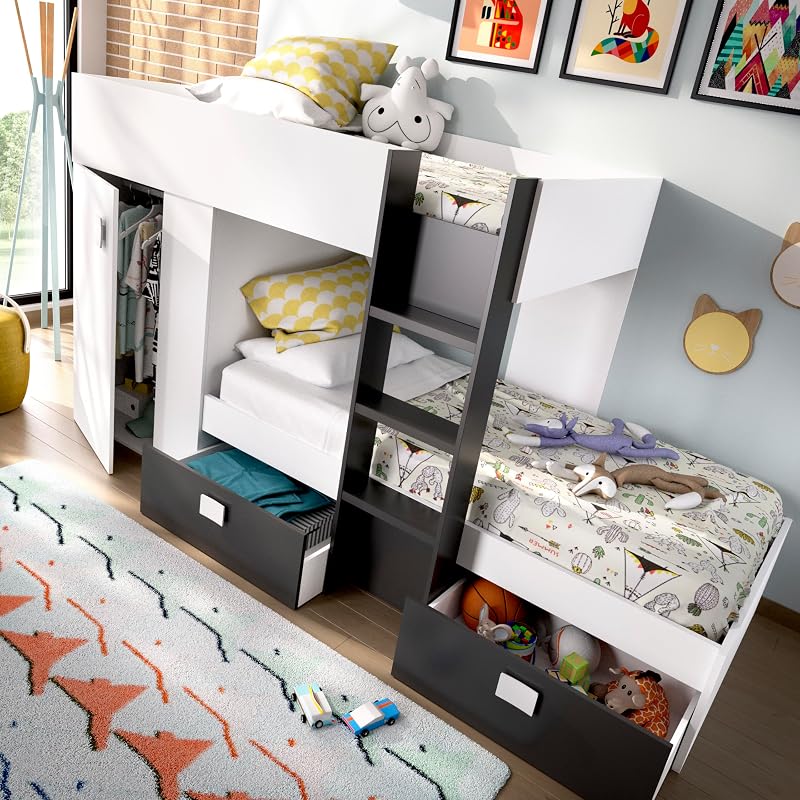 GROE - Cama Tren con 2 camas juveniles - Blanco / Grafito - 150x271x111 cm