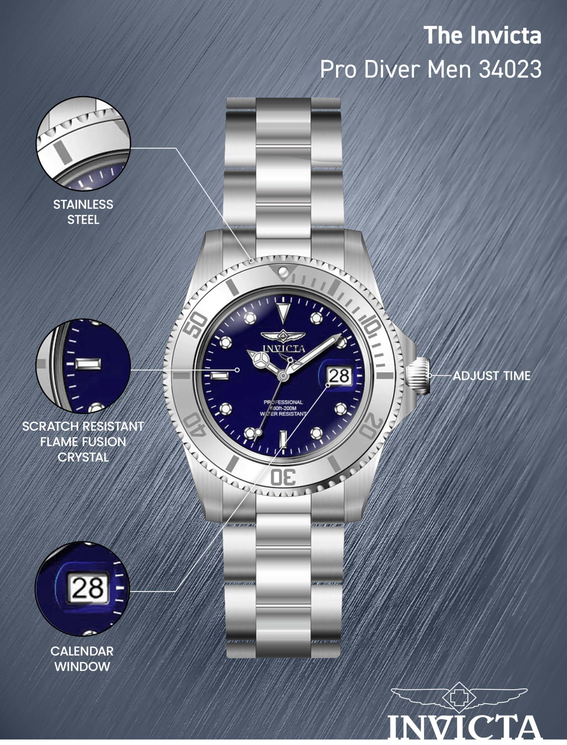 Invicta 40mm Men's Pro Diver Blue Dial Silver Tone Stainless Steel Watch 34023