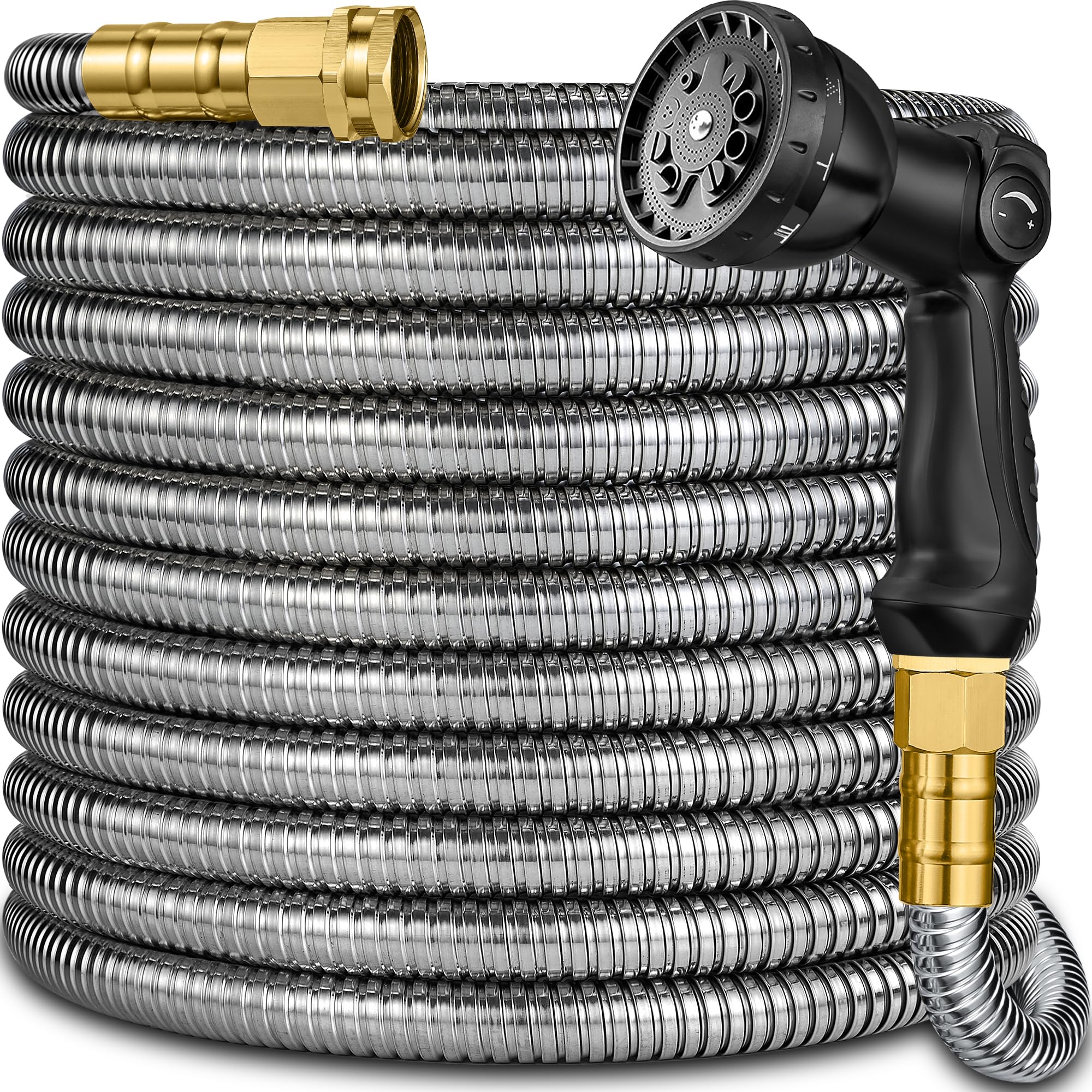 Metal Garden Hose 100 ft - Stainless Steel Garden Hose Leak-Proof with Layer Latex Core - 2025 Version/New Patented,Lightweight, Durable Hoses with Nozzles - Less-Kink Flexible Metal Water Hose Image Metal Garden Hose 100 ft - Stainless Steel Garden Hose Leak-Proof with Layer Latex Core - 2025 Version/New Patented,Lightweight, Durable Hoses with Nozzles - Less-Kink Flexible Metal Water Hose Image