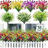 TURNMEON 16 Bundles 7 Styles Artificial Flowers for Outdoors Spring Decor, Fake Plants Flower UV Resistant Faux Plastic Plants Colorful Daisy Boston Fern Lavender for Outside Gardens Porch Patio Home