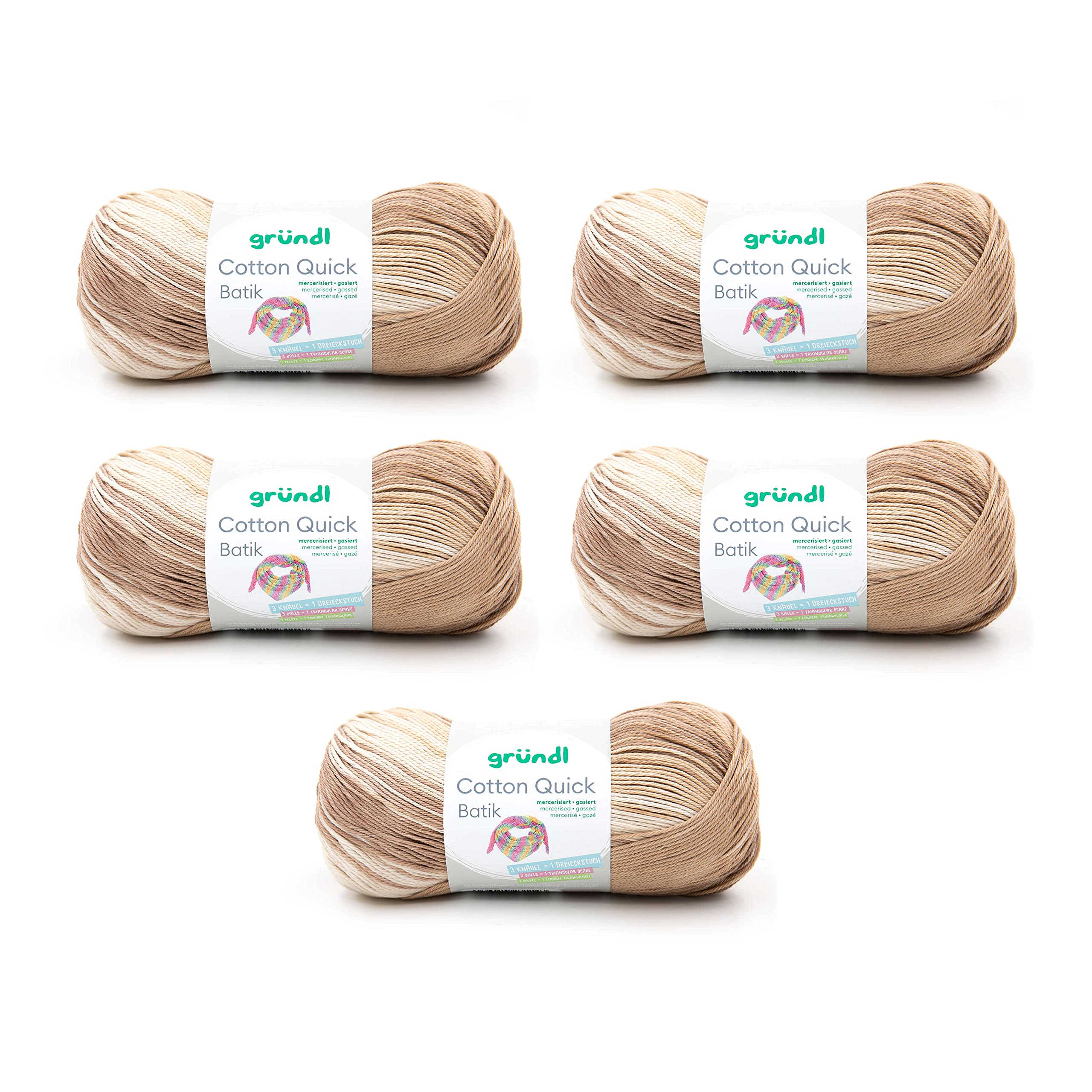Gründl Wool Cotton Quick Batik Knitting Yarn/Crochet Yarn (Yarn with Colour Gradient 100% Cotton, Oeko-Tex Certified, 100 g / 260 m, Needle Size: 3-4, 5 x 100 g), Natural Brown/Beige