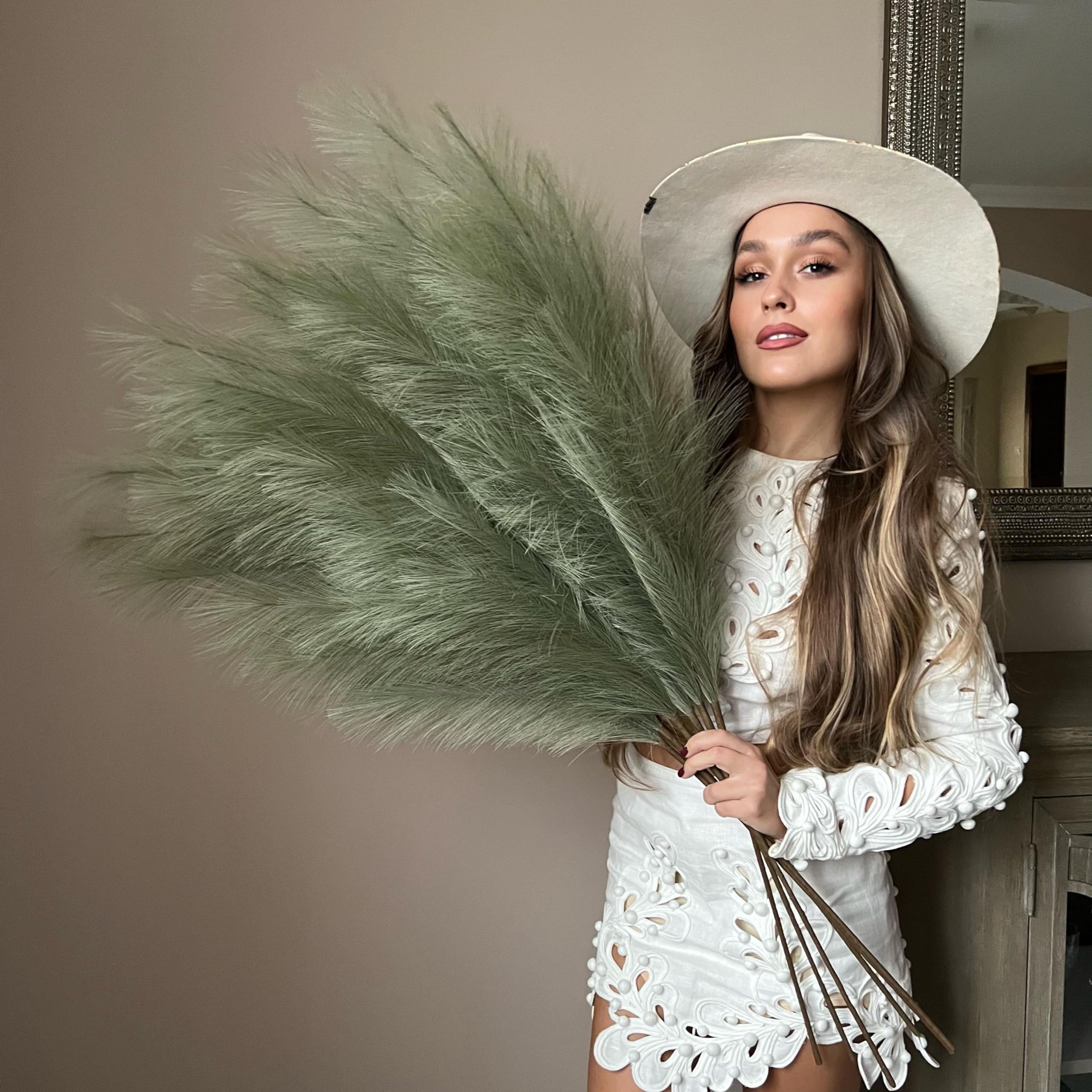 VOULUX Extra Large Tall Sage Green Fake Faux Artificial Pampas Grass Large Fluffy x3 115cm Stems x18 Decorative Artificial Flora Feathers For Floor Vases Tall Plant Flowers Long Pampas Grass