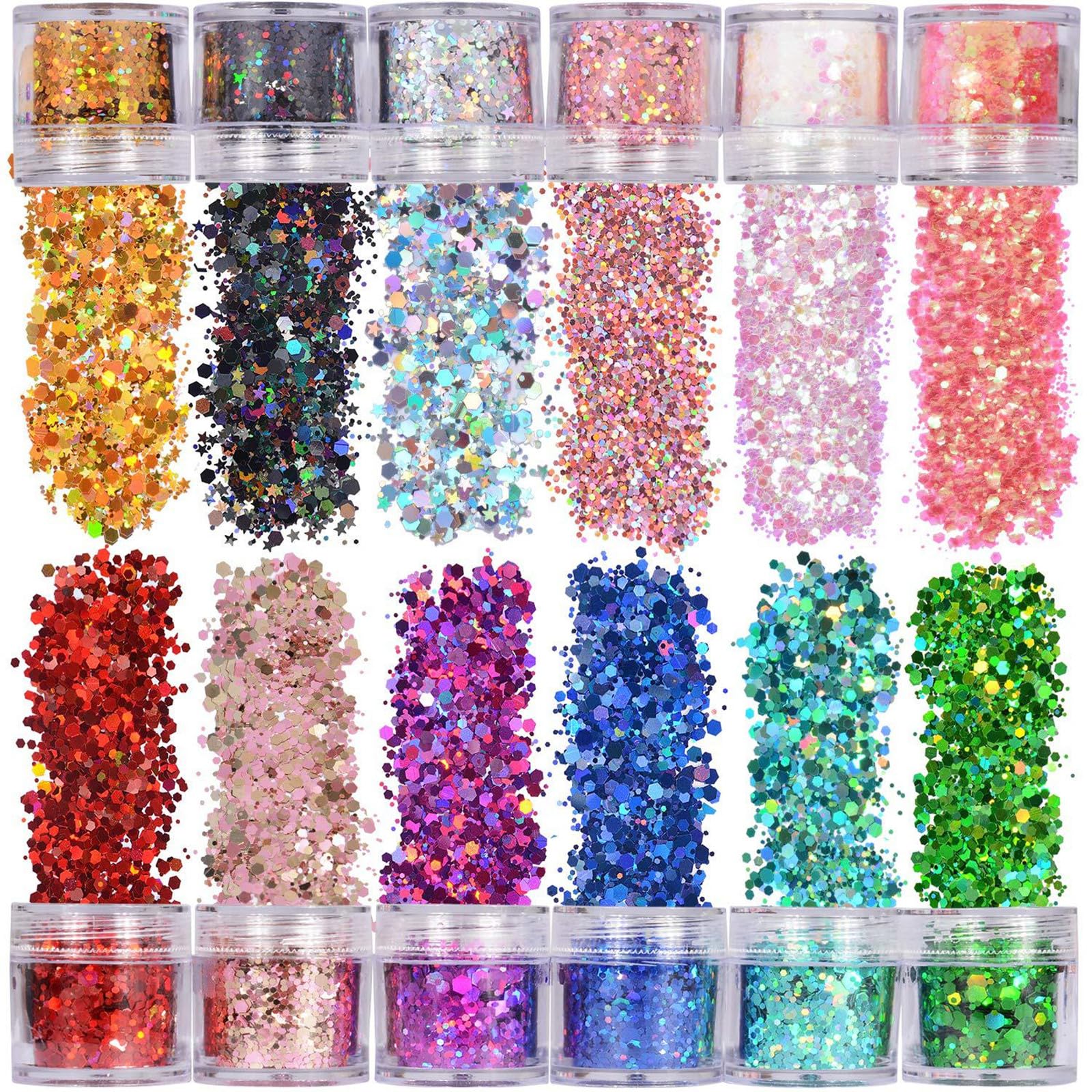 Veroa 12 Colors Make Face Body and Hair Glitter at The Festival,Chunky Glitter for Festivals, Parties, Raves,Brightly Coloured Festive Accessories(10g*12PCS)