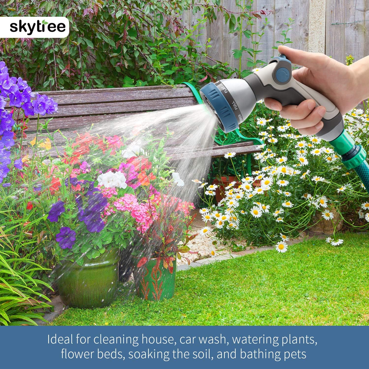 Skytree Hose Nozzle Garden, Metal Spray Nozzle High Pressure, 8 Patterns Thumb Control for Watering, Washing : Garden & Outdoor