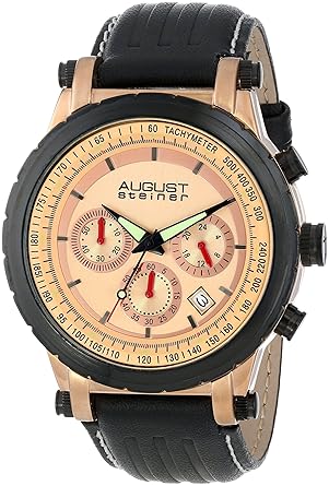 August Steiner Mens AS8085RG Quartz Chronograph Rose-tone Black Leather Strap Watch