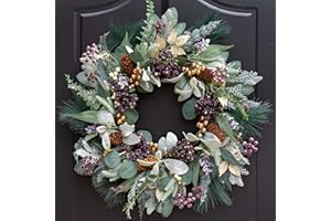 Winter Wreaths for Front Door, Soomeir Artificial Winter Door Wreath with Snow Leaves, Pine Needles and Blueberry Berries, for Home Window Indoor Outdoor Decor Decorations