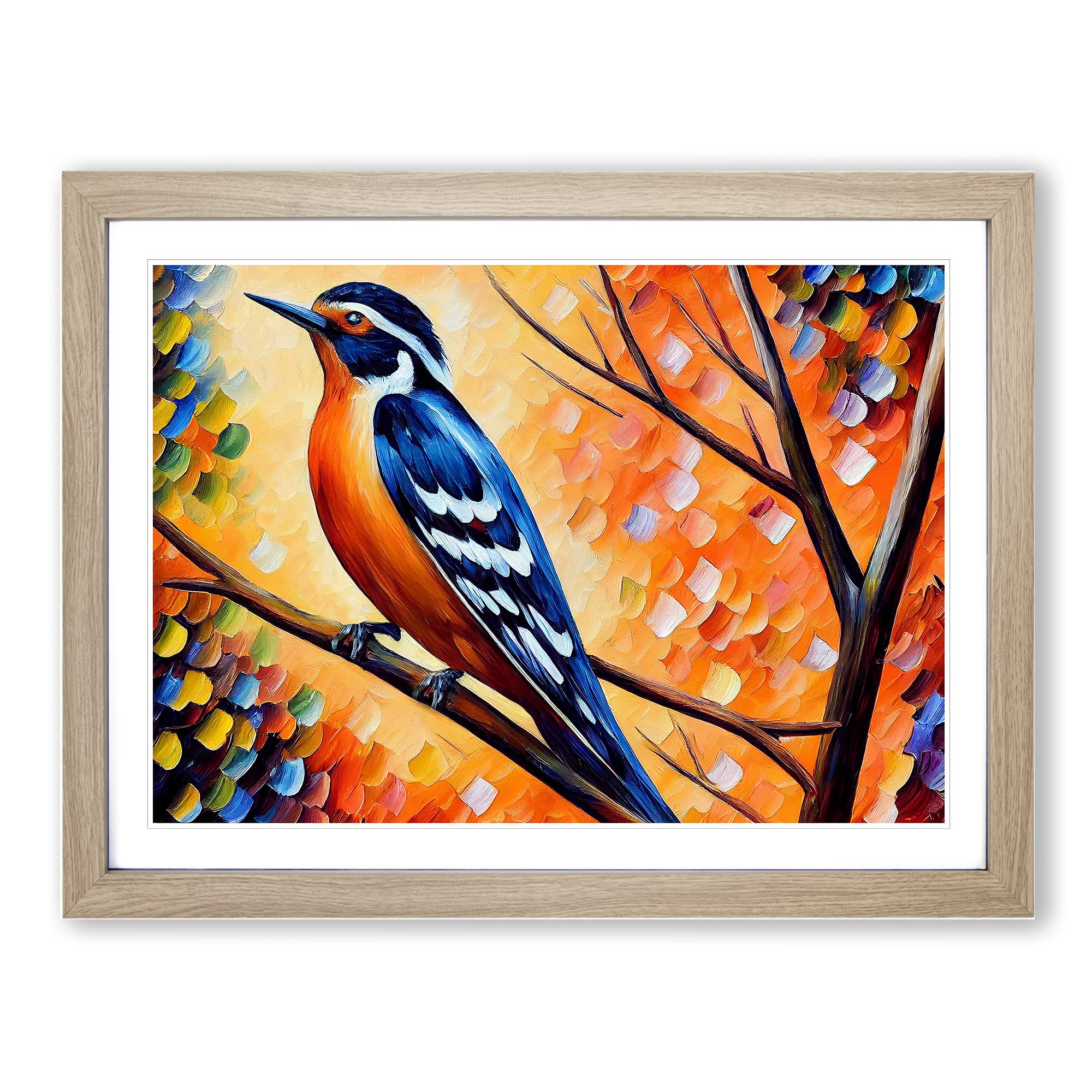Woodpecker Bird Painting Vol.3 Abstract Framed Print | A3 Oak Framed Wall Art | Ready to Hang | Abstract Animal Picture | Living Room Bedroom Lounge Office