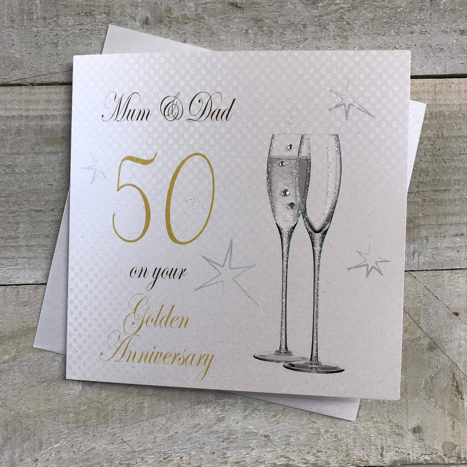 WHITE COTTON CARDS Champagne Flutes Mum & Dad On Your Golden Handmade 50th Anniversary Card, White, P50M,16cm x 16cm