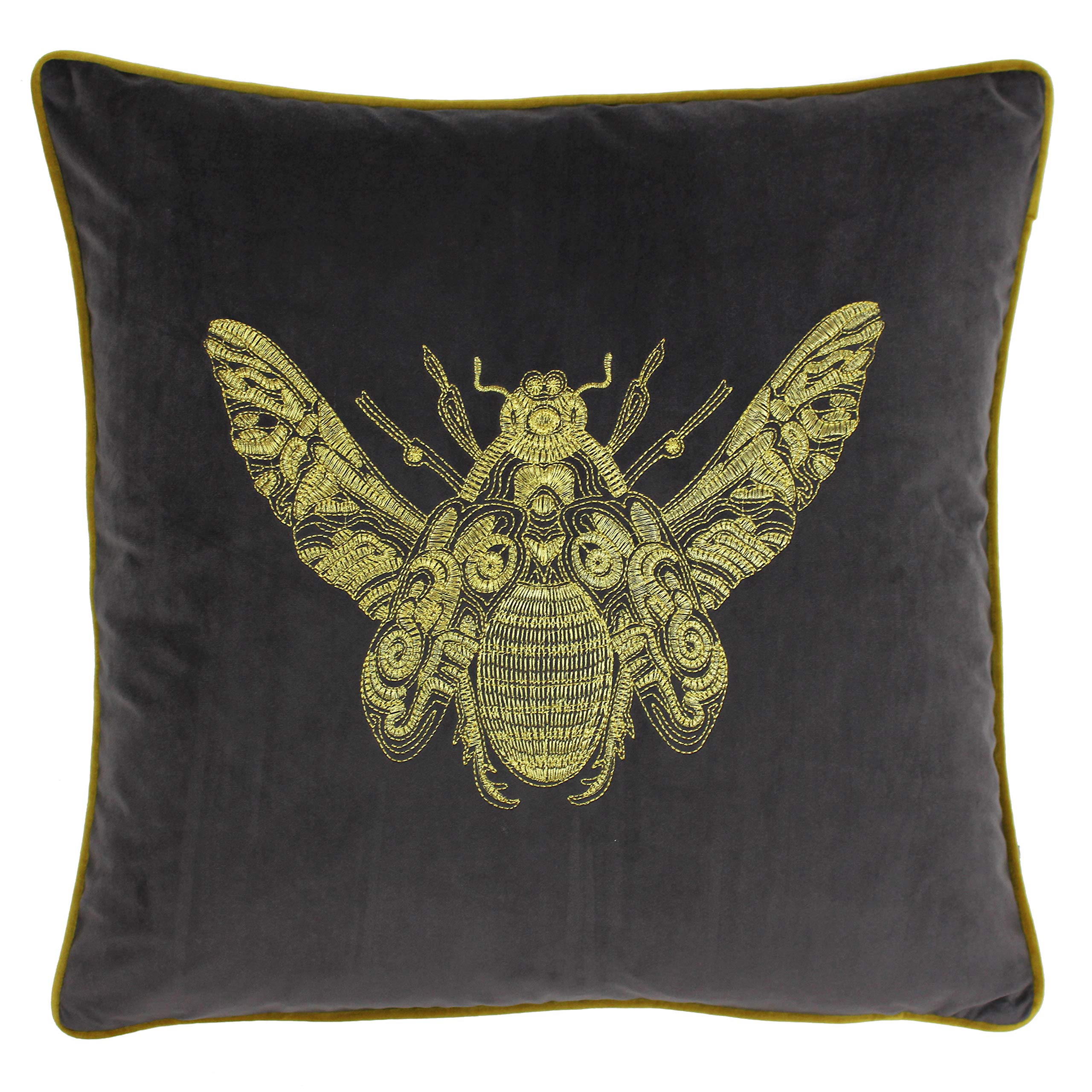 Riva Paoletti Cerana Cushion Cover - Charcoal Grey - Super Soft Velvet Fabric - Embroidered Gold Bee Design - Gold Piped Edges - 100% Polyester - 50 x 50cm (20" x 20" inches)