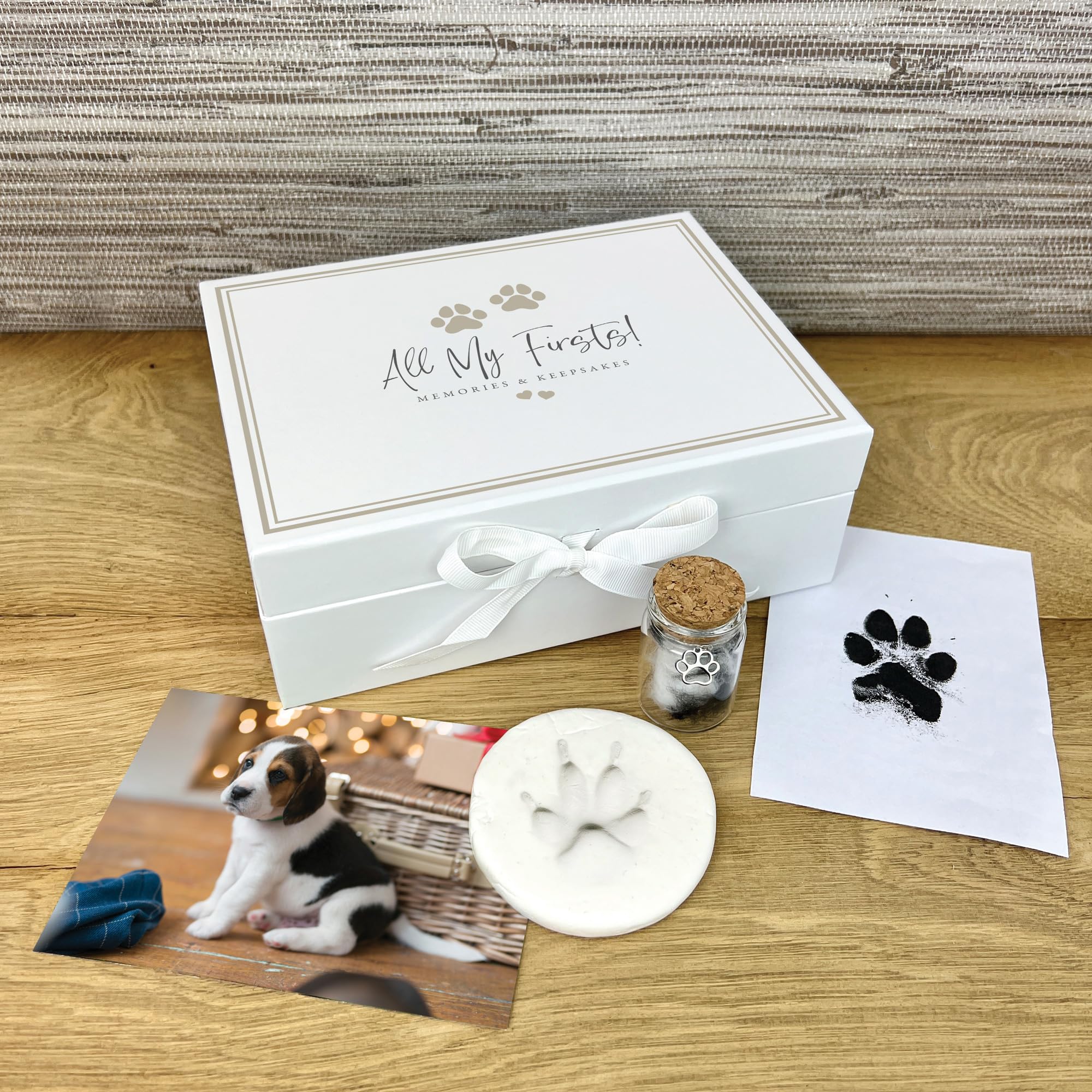 Complete Puppy/Kitten Keepsake Kit - All My Firsts Memory Box, Clay, Glass Fur Bottle, Ink Pad Capture Paw Prints & Fur | Precious Moments | W22cm x L17cm x H8cm