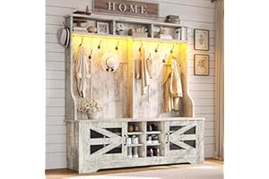 Itaar Hall Tree with Bench and Shoe Storage, 5-in-1 Entryway Bench with Coat Rack, 16 Shoe Cubbies & 12 Coat Hooks, Barn Door & Adjustable Shelf (Vintage White)