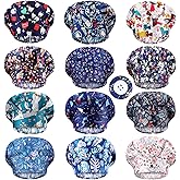 Geyoga 12 Pieces Bouffant Caps for Women Adjustable Nurse Working Hats with Button and Sweatband Printed Caps for Men Women