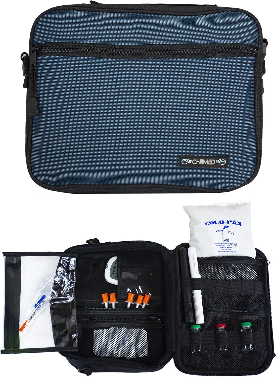 ChillMED Premier Diabetic Supply Organizer | Travel Bag with Shoulder Strap and One 24 oz Cold Pack - Up to 24 Hours of Cool Time - 11" x 9" x 3" (Blue): Health & Personal Care