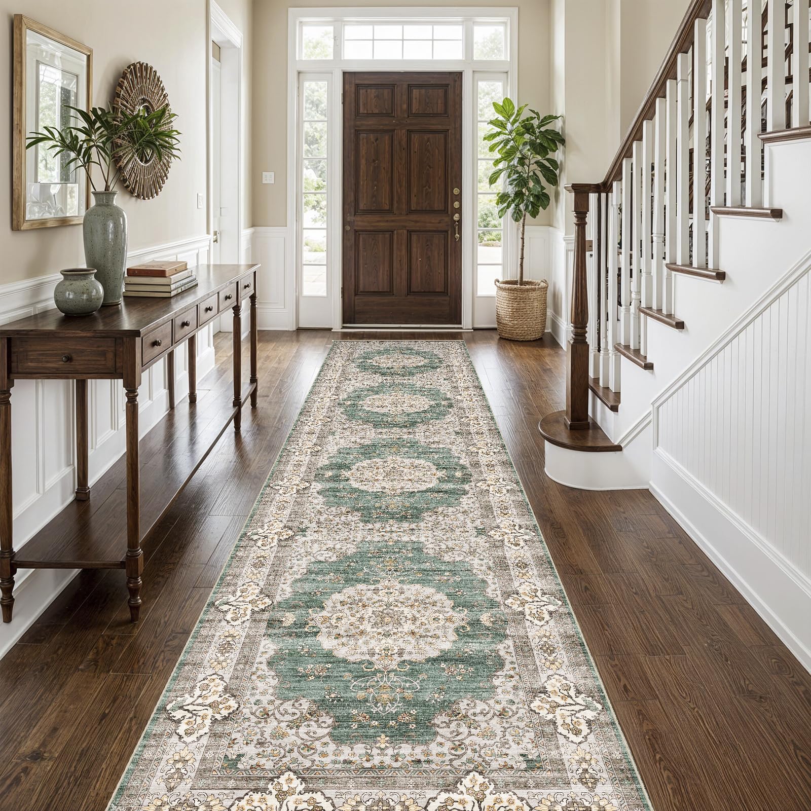 3x12 Washable Hallway Runner Rug:Oriental Indoor Kitchen Rugs Vintage Door Mat Non Slip with Rubber Backing Low Pile Thin Carpet for Bedroom Bathroom Living Room Bedside (3x12 Green/Beige) Image