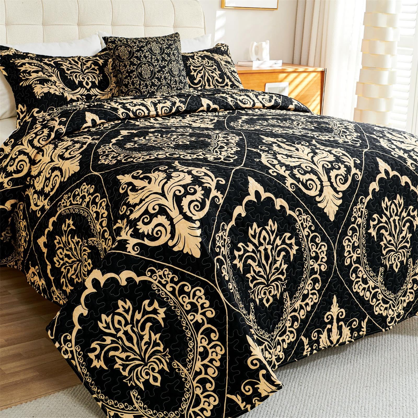 Photo 1 of Cmfshape Black&Gold Quilt King Size,Boho Bedspread Coverlet for All Season,Quilted Lightweight Quilt Bedding Set 4 Pcs,Modern Geometric Pattern Bed Cover with 3 Pillow Shams(Black,King 106"x 96")
