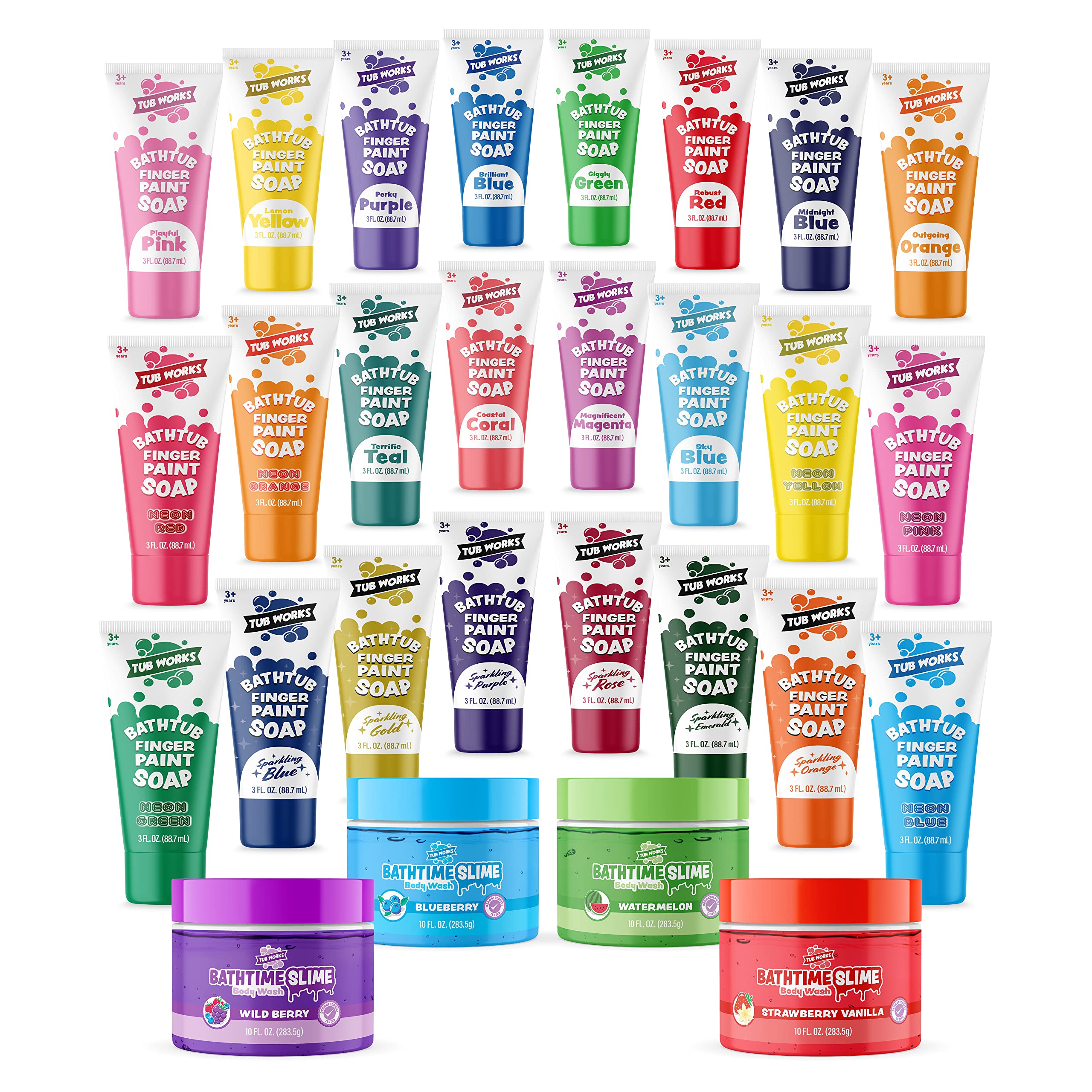 Tub Works Bath Paint & Bath Slime, Variety Pack | (24) Non-Toxic Washable Bath Paints & (4) Gooey Bath Slime Body Washes | Fun Kids Soap for Kids Bath