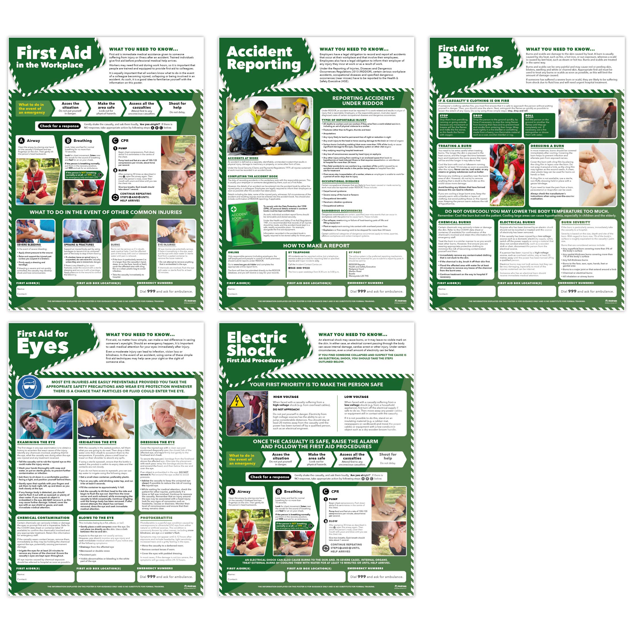 First Aid Posters - Set of 5 - Health and Safety Posters - A2 (420mm x 594mm) - Laminated - Office and Commercial Health & Safety Wall Charts by Daydream Education