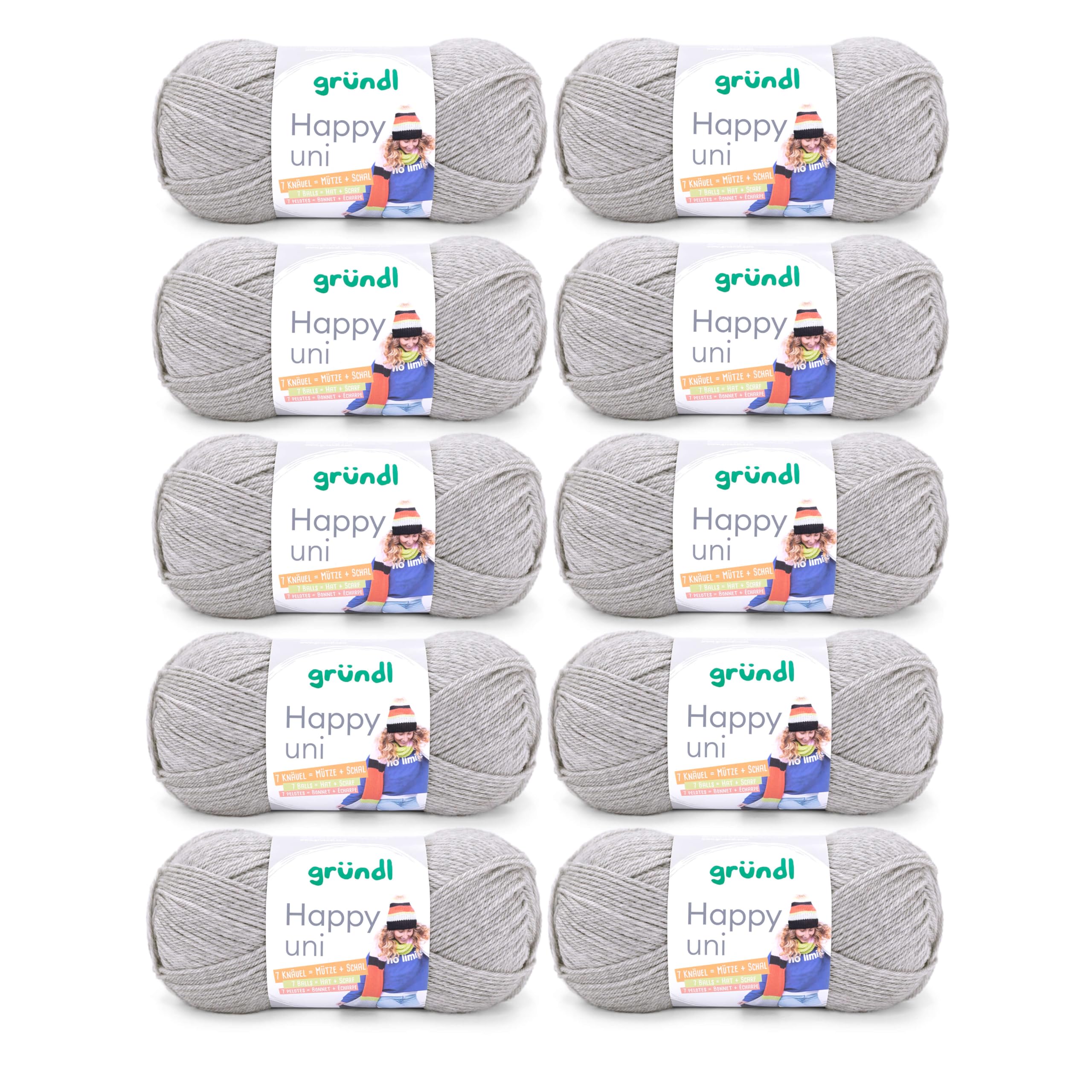 Gründl “Happy Uni”, 10x balls of 100 g knitting yarn, 100% acrylic, 40 cm x 39 cm x 9 cm, 100% Polyacrylic, kieselgrau, 40 x 39 x 9 cm