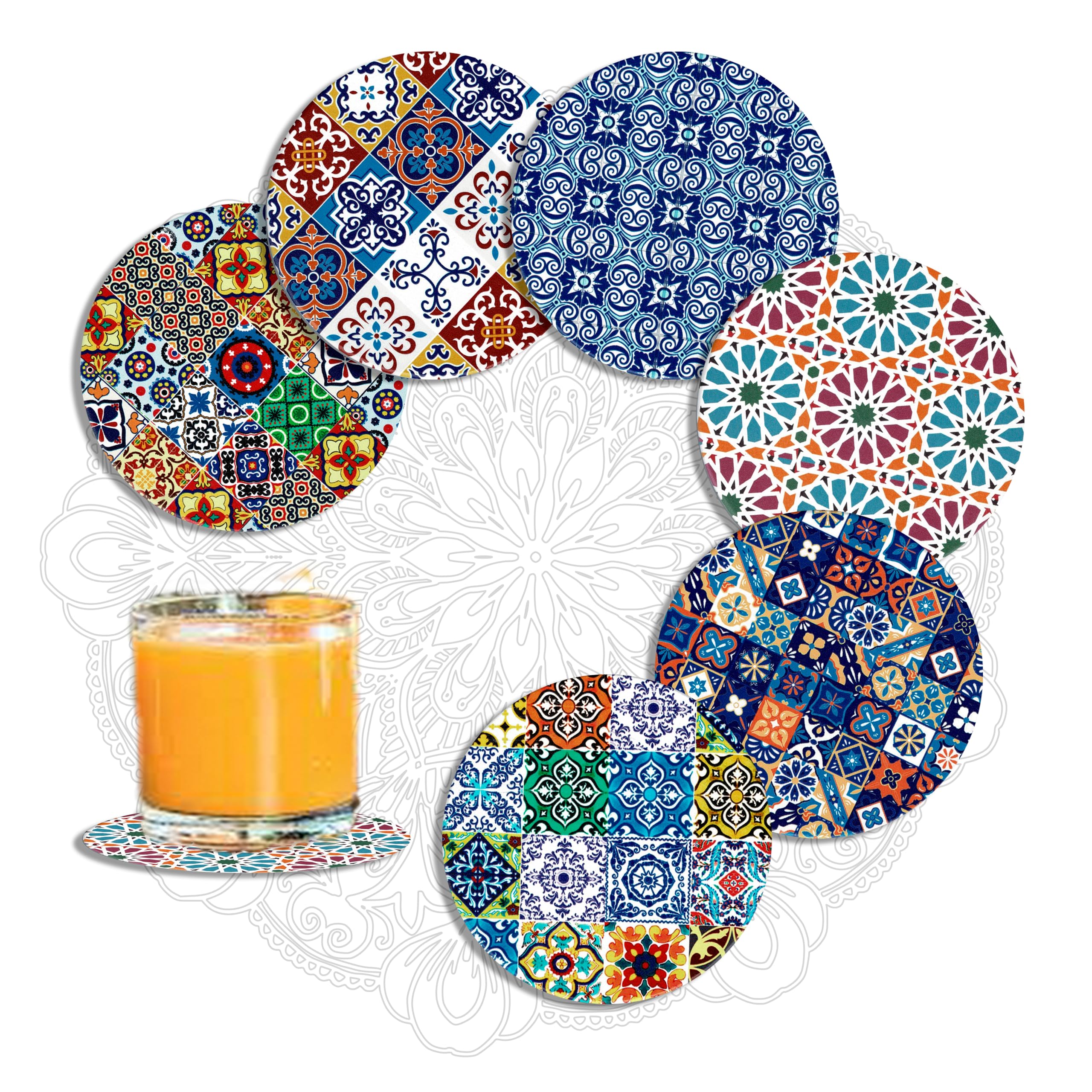 MALANGI Drink Coasters Set of 6 - Ceramic Turkish Coasters - Absorbent Giftable Coaster - Non-Scratch Top & Non-Slip Cork Base (Style 9 Without Stand)