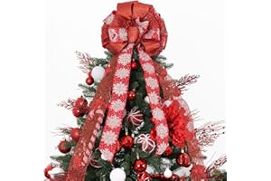 TBD DECOR Christmas Tree Topper, 32x12 Inches Large Toppers Single Sided Bow with Glitter Satin Mesh Streamer, Red Christmas Tree Topper for Christmas Home Decoration (Red)
