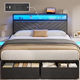 Fluest Queen Bed Frame with 2 Drawers, Upholstered Headboard with Storage and Charging Station, LED Lights, Fabric Drawers with Wheels, Under Bed Storage, No Box Spring Needed, Easy Assembly, Grey