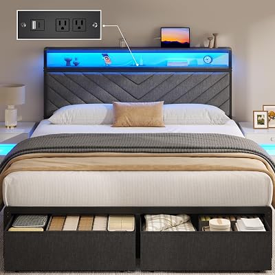 Fluest Queen Bed Frame with 2 Drawers, Upholstered Headboard with Storage and Charging Station, LED Lights, Fabric Drawers with Wheels, Under Bed Storage, No Box Spring Needed, Easy Assembly, Grey