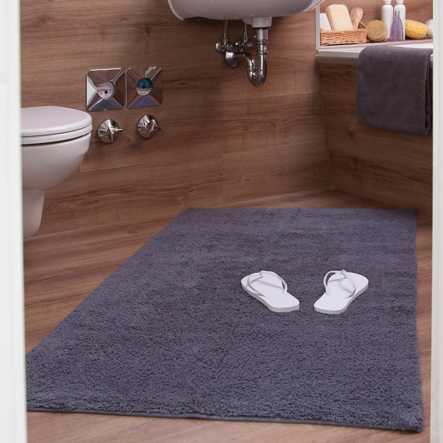 Relaxdays Bath Mat in 80 x 150 cm, Washable Bathroom Rug, Bath Carpet for Heated Floors Grey, 80 x 150 cm (Rectangular) - Image 5