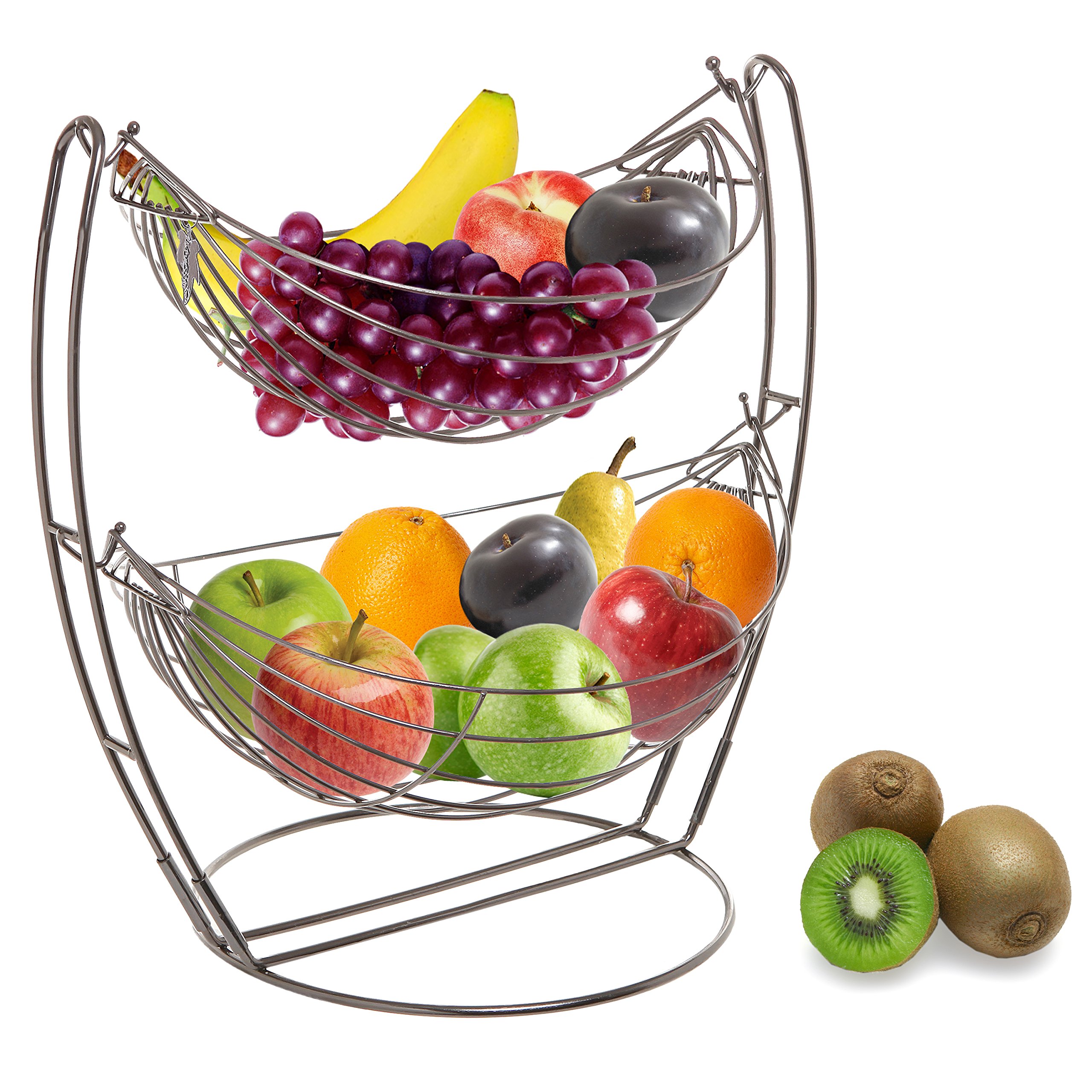 Photo 1 of MyGift® Gunmetal Gray Metal Double Hammock Fruit Basket, 2-Tier Vegetables Produce Storage Rack Display Stand