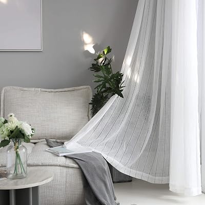 Home Brilliant Semi Sheer White Striped Voile Curtains 54x63 Set of 2