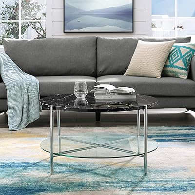 Walker Edison Modern Metal Round Coffee Table with Black Marble