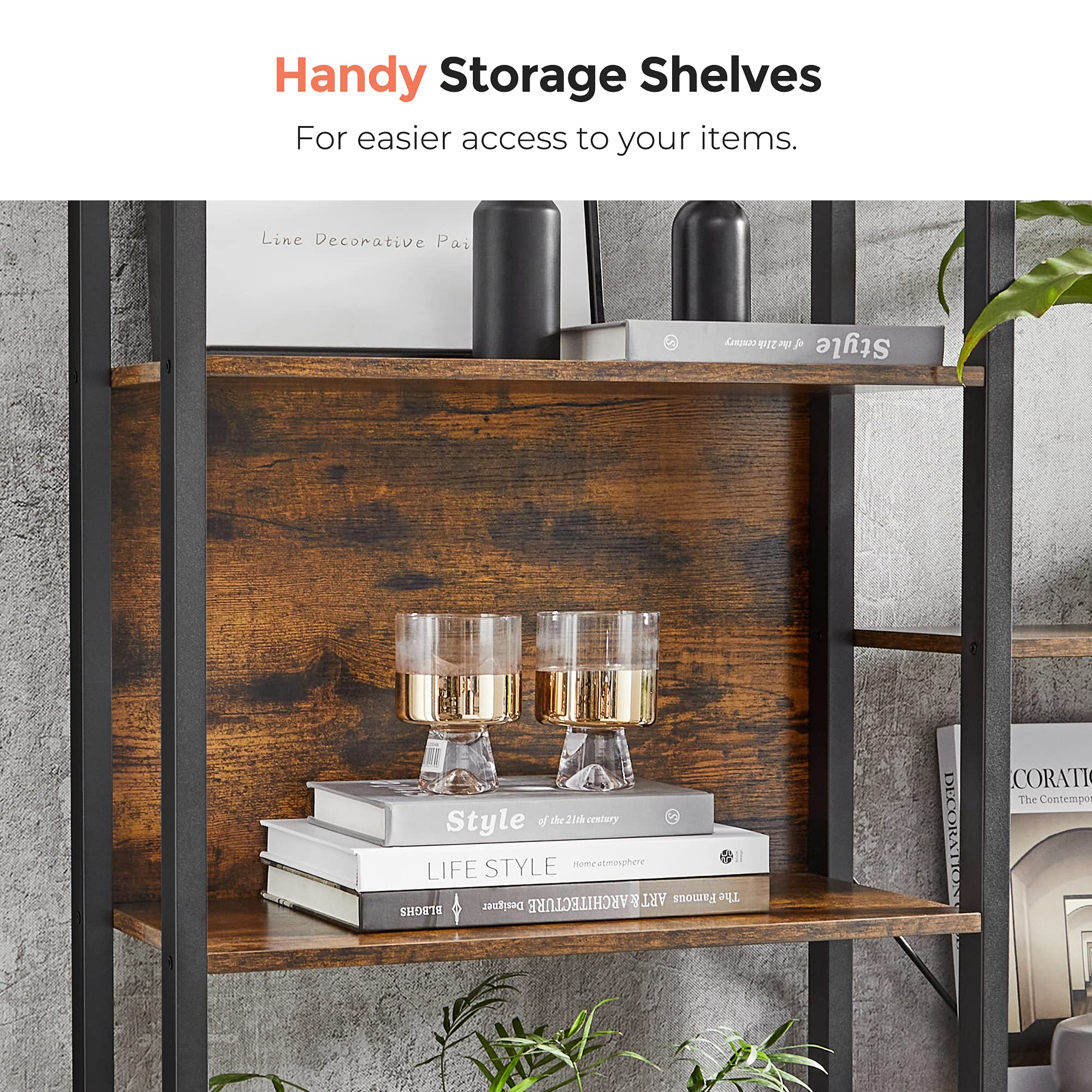 VASAGLE 5-Tier Bookcase with 14 Shelves, Book Shelf with Metal Frame, Bookshelf for Living Room, Home Office, Industrial Style, 9.4 x 62.2 x 65.4 Inches, Rustic Brown and Black ULLS107B01