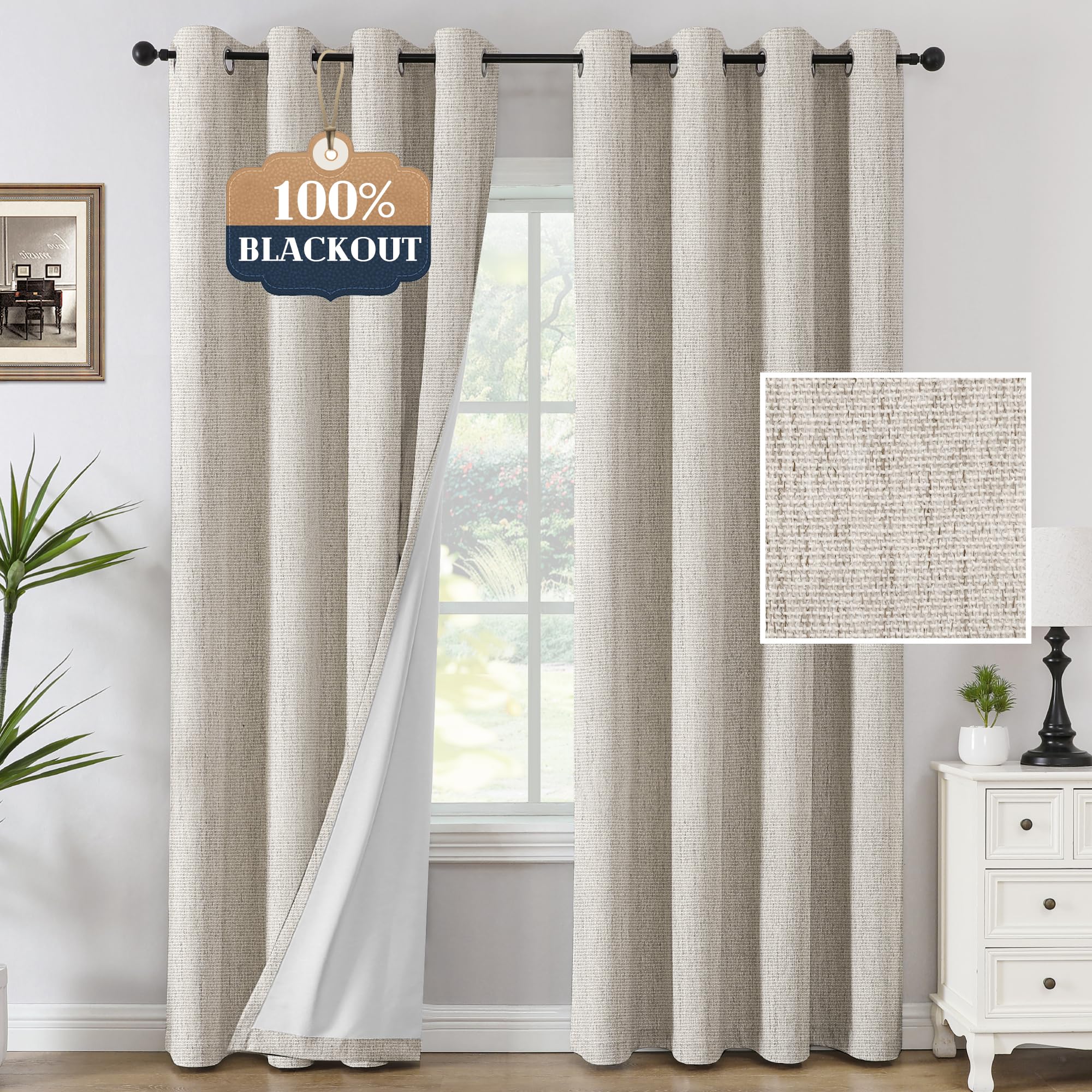 Photo 1 of H.VERSAILTEX Chenille Linen Curtains 108 inches Long 100% Black Out Curtains, Textured Linen Look Draperies Grommet with White Flocking Coating Back, 2 Panels, Heathered Natural(Not Solid)