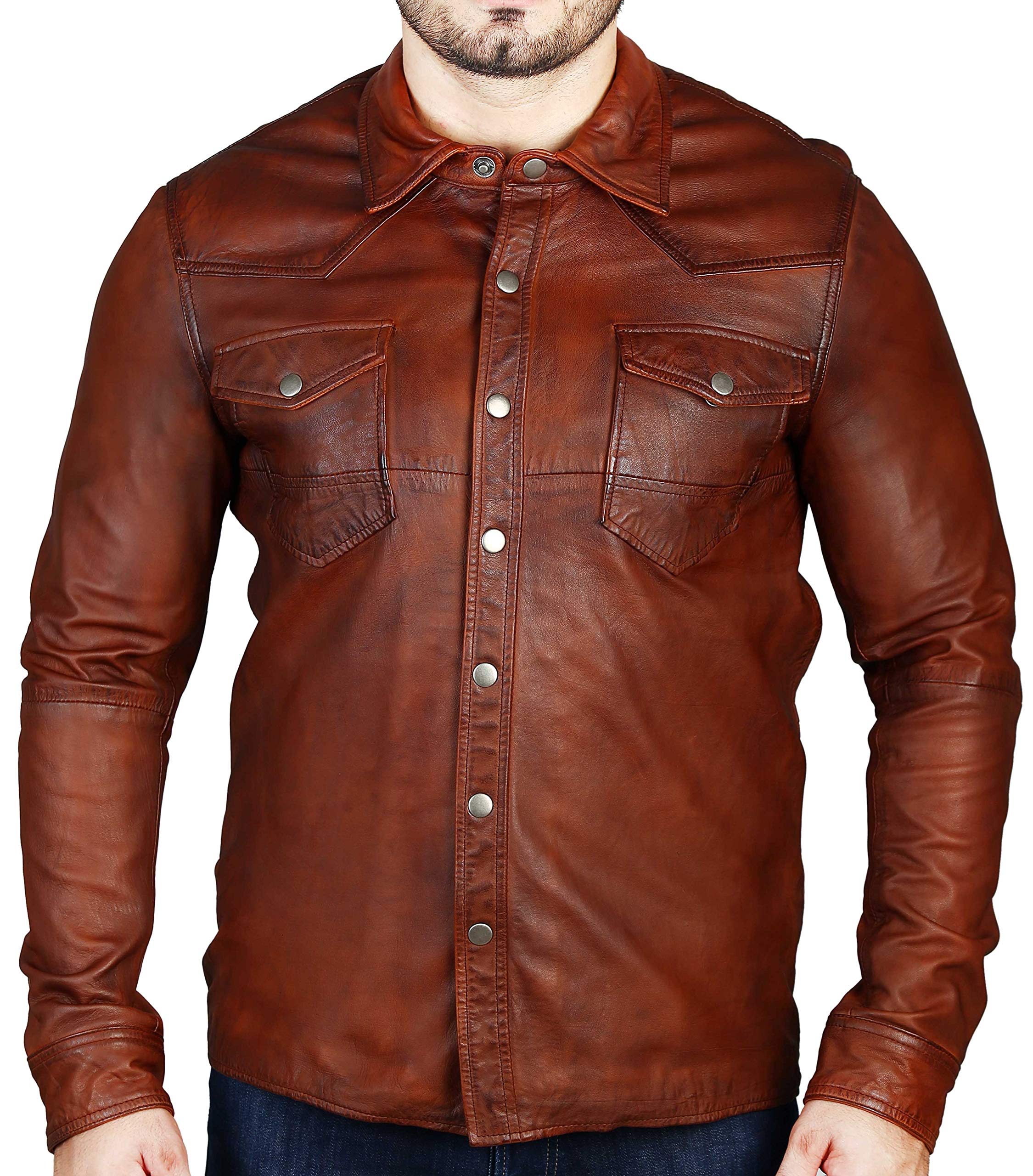 Mens Shirt Jacket Black Real Soft Genuine Lambskin Washed Waxed Leather Shirt (3XL-Person with Chest 47"),Tan