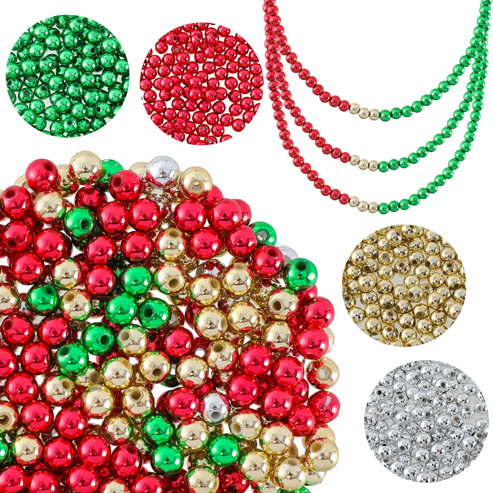 Whaline 1200PCs Christmas Beads Metallic Round Pony Beads with Elastic String Red Green Silver Gold Plastic Craft Beads for Jewelry Making Necklace Bracelet DIY Craft Home Hanging Ornament Supplies