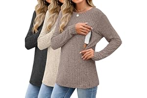 Sweetyweee 3 Pack Women's Nursing Long Sleeve Tops Breastfeeding Thermal Sweaters with Hidden Zipper Maternity Ribbed Shirts