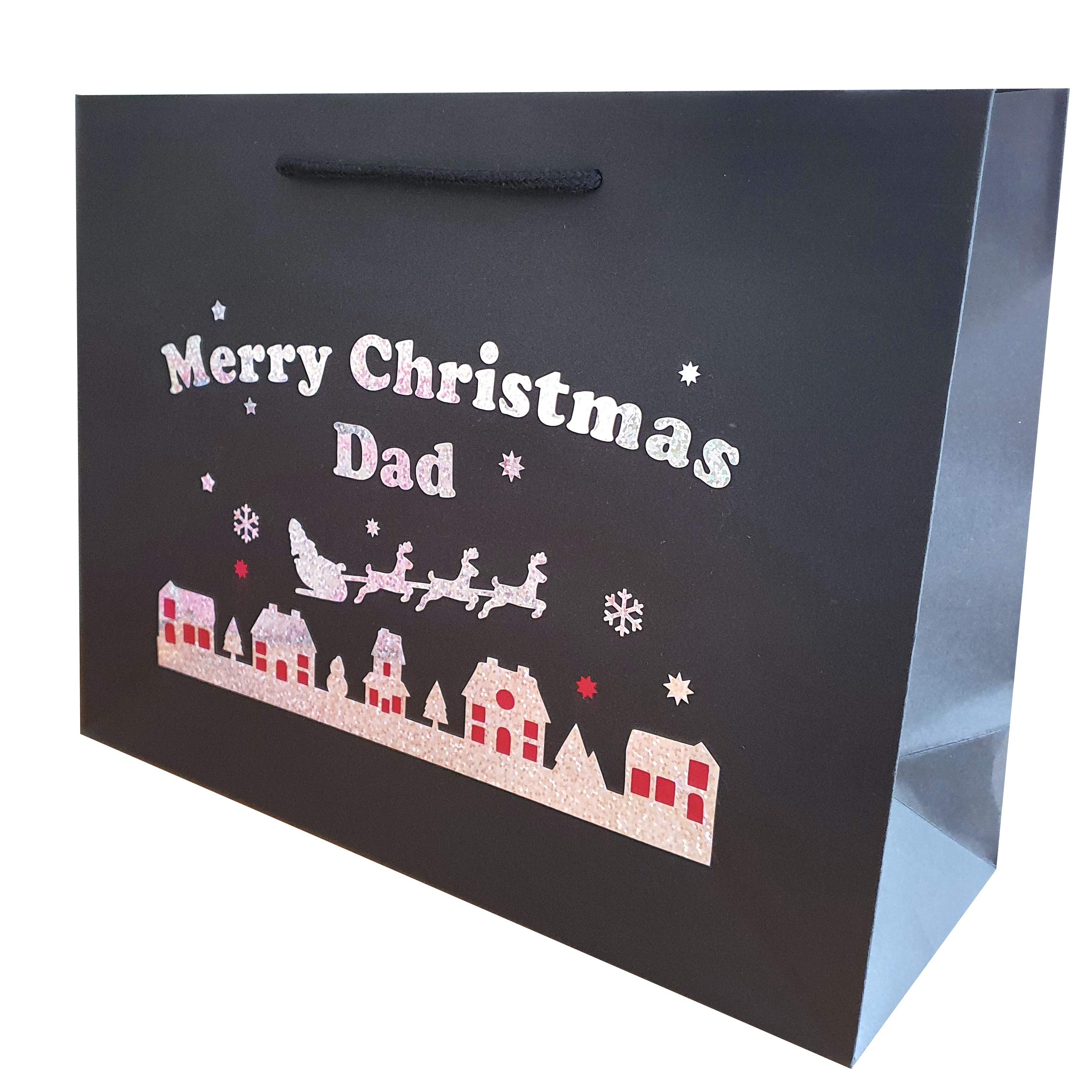 Large Dad Christmas Holographic Gift Bags Wrap with Santa and Sleigh