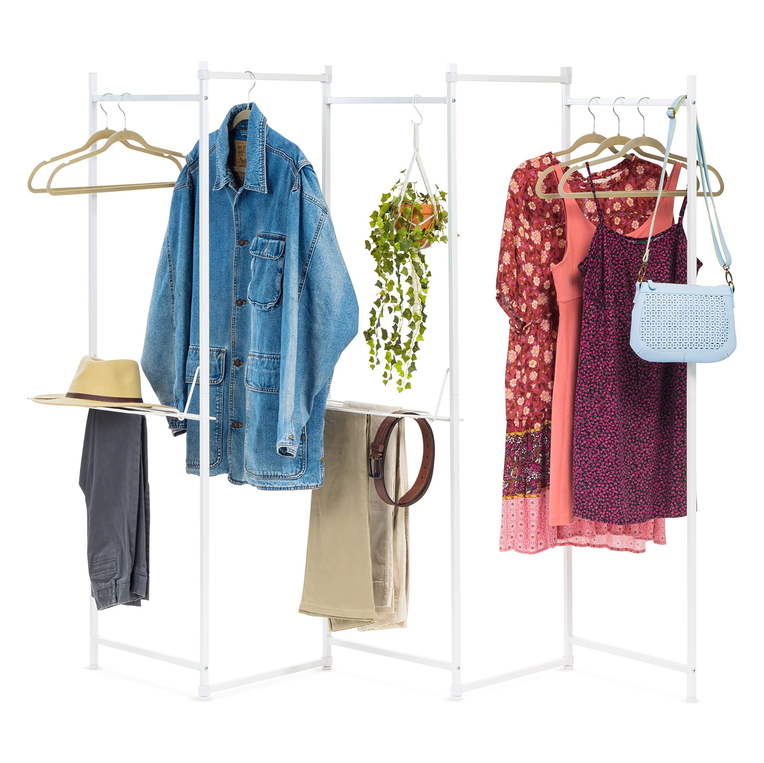 Photo 1 of IRIS USA 5 Panels Collapsible Clothes Rack with 2 Shelves, Customizable Garment Rack, Foldable Clothes Drying Rack, Locked and Leveled, Perfect for any Space, Modern and Fashionable, White