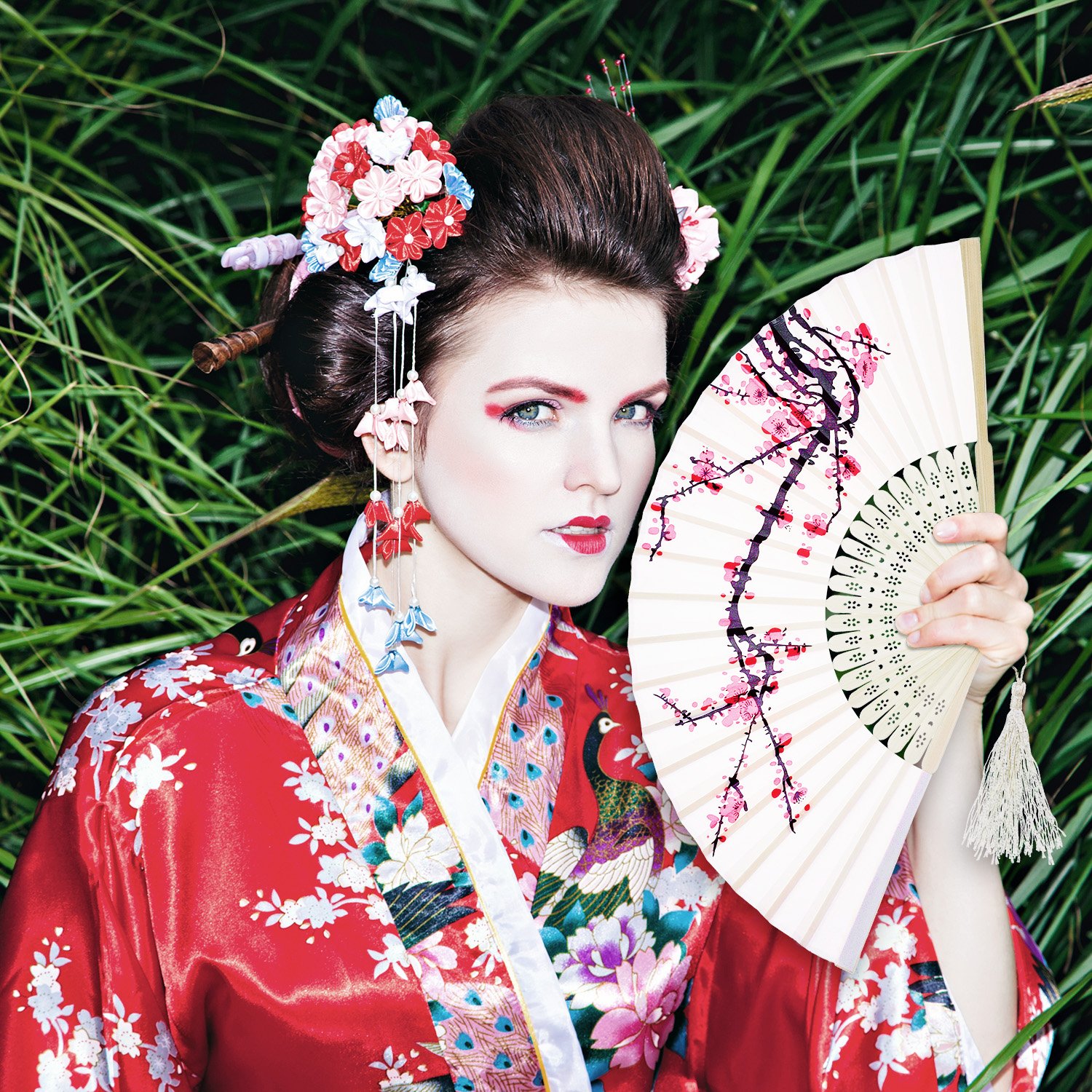 Hotop 2 Pieces Handheld Fans Silk Folding Fans with Bamboo Frames Handheld Portable Chinese Style Crafts for Dancing Photography Props Home Wedding Party Decor(Cherry)