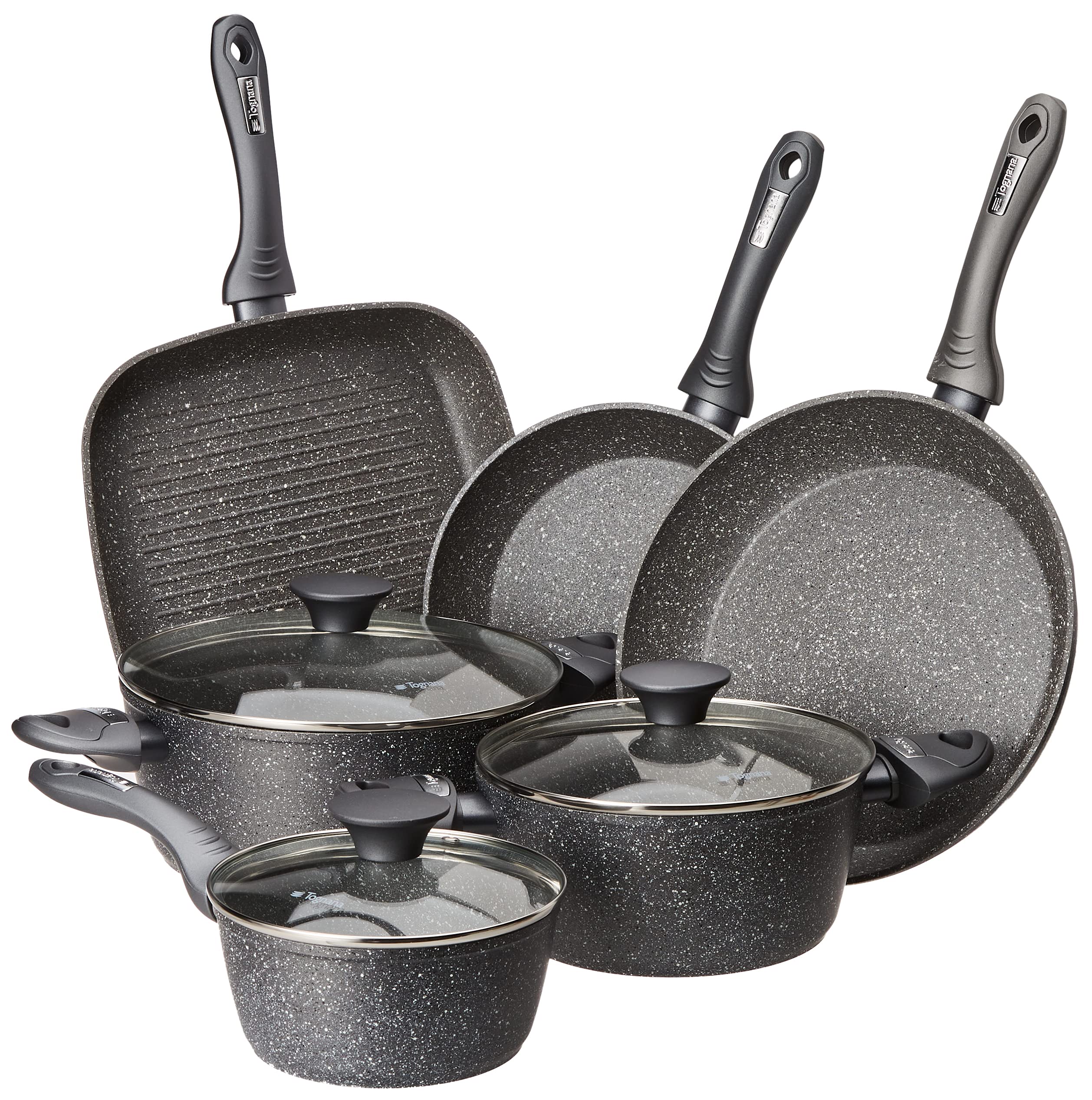 Tognana Mythos Cookware and Pan Set with 3 Saucepans, 2 Pans, 1 Grill, 3 Lids, 9 Pieces, Aluminium, Grey