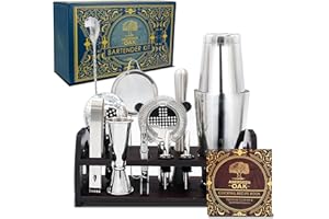 Aberdeen Oak Mixology Bartender Kit - Extra Thick Stainless Steel Cocktail Shaker Set for Mixing - Includes XL Boston Shaker & Premium Bamboo Stand - Professional Bar Tools for The Home Mixologist