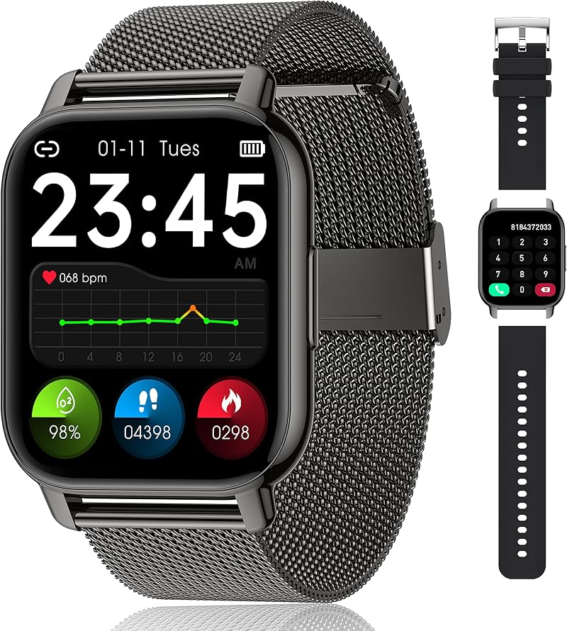 Popglory Smart Watch 1.85 inch 44mm 2 Straps Blood Pressure Heart Rate OS