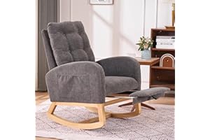 ZKZLAT Rocking Chair with Foot Rest, Nursery Glider Teddy Gliding Rocking Chair with Retractable Footrest Rubber Wood Legs Side Pocket High Back & Wide Seat Nursing Chair for Living Room (Gray)