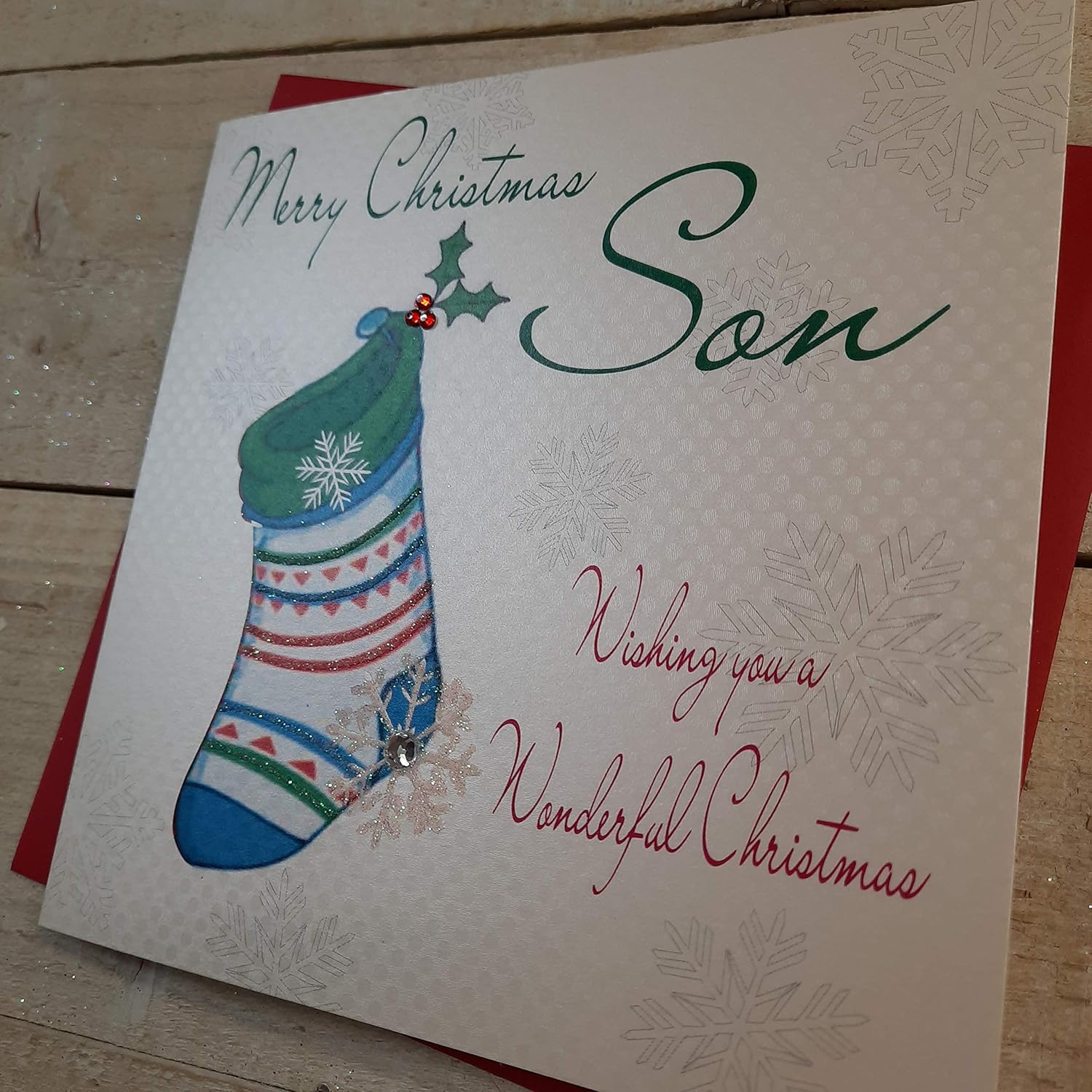White Cotton Cards Merry Son Handmade Christmas Card (Blue Stocking Code cb17), 16cm x 16cm - Image 4