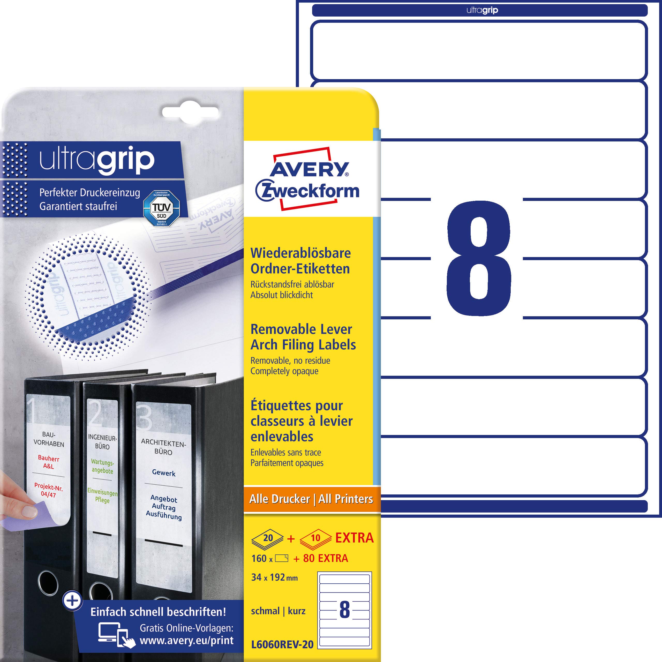 Avery Zweckform L6060REV Folder Labels A4 160 Pieces Removable 34 x 192 mm 20 Sheets White